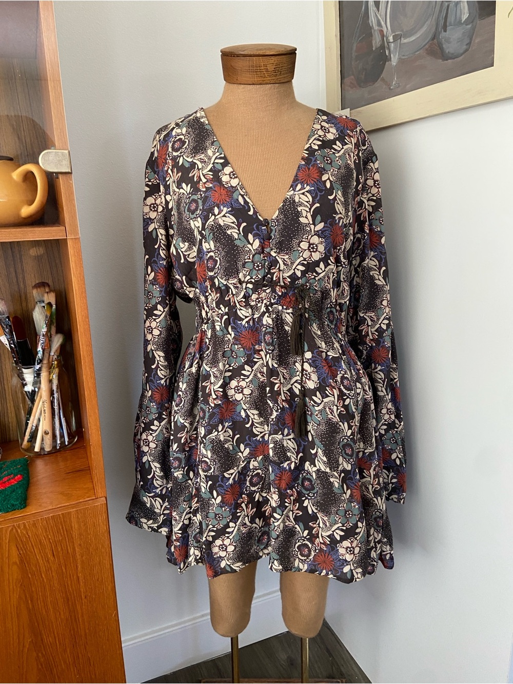 Free People Stealing Fire Boho Navy Floral V-Neck Long Sleeve Mini Dress - Lg